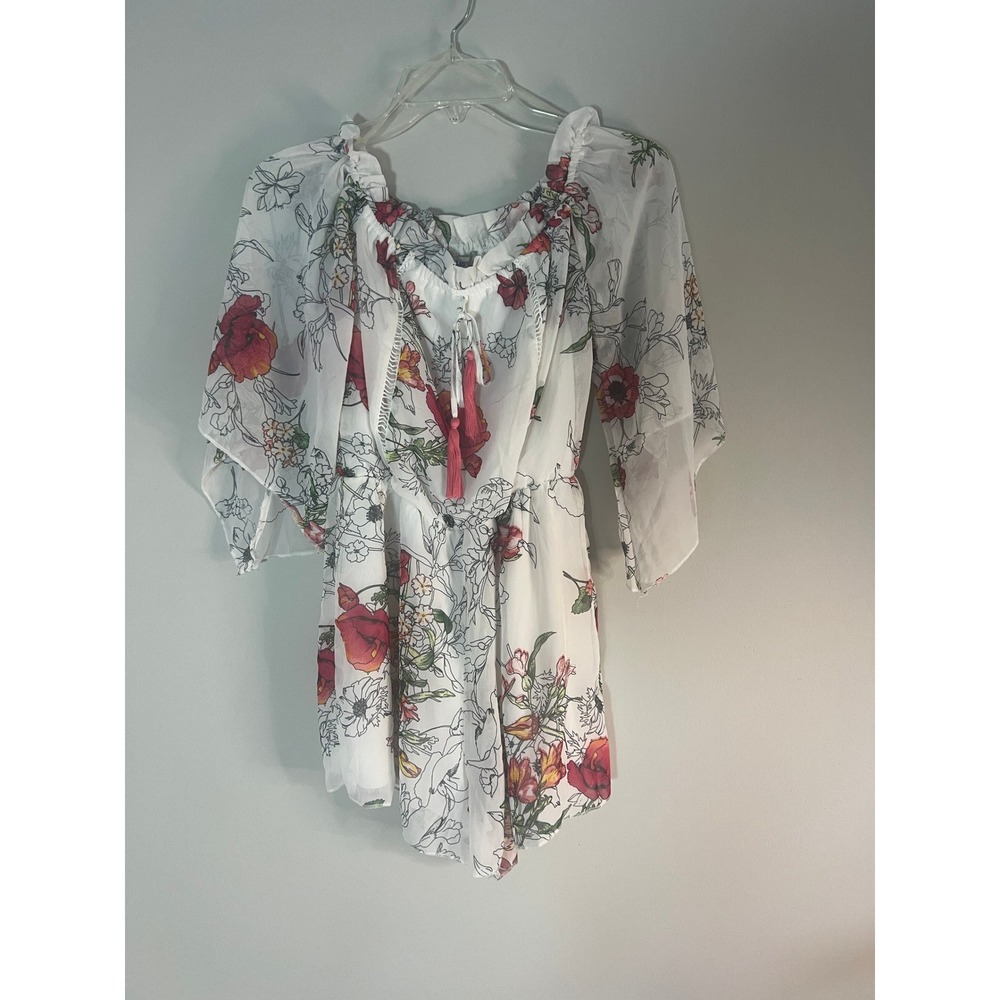 Bailey Blue Floral Off Shoulder Romper Bell‎ Sleeve White Red Small